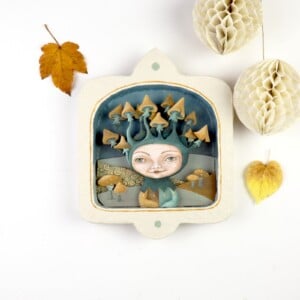 Muur Diorama met Fantasie Figuur Paddenstoelen in Warme Aardtinten 3D effect