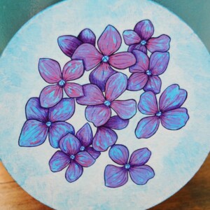 Rond Gouache Schilderij, Hortensia Bloemen