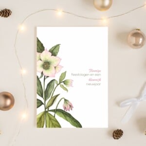 Unieke handgeschildere botanische kerstkaart met roze kerstroos - Helleborus III