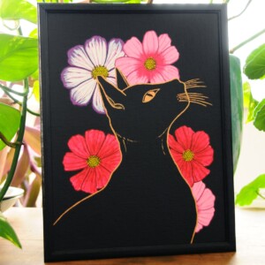 Zwarte Kat en Bloemen, Acrylverf Schilderij