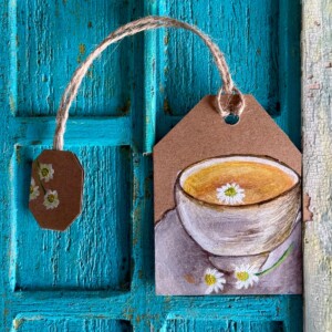 "Chamomile" Teamark – Handgemaakte Theezakje-Boekenlegger (Acryl Illustratie, Gerecycled Papier)
