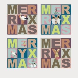 4 Kerstkaarten vierkant kleur