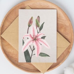 A6 wenskaart dubbel op duurzaam eco-vezelpapier met craft envelop - roze Lelie