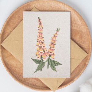 A6 wenskaart dubbel op duurzaam eco-vezelpapier met craft envelop - roze oranje Vingerhoedskruid