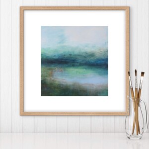 Abstract landschap schilderij in blauw en groen op houtpaneel