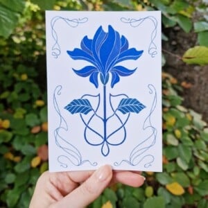 Art Nouveau Flower A6 Kaart, Blauwe Bloem Tekening