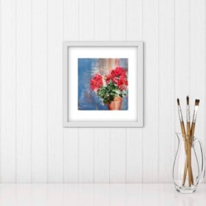 Bloemenschilderij Rood & Blauw – Acryl op papier 25x27cm – ‘Geranium Glow’