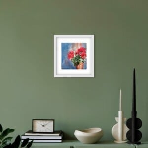 Bloemenschilderij Rood & Blauw – Acryl op papier 25x27cm – ‘Geranium Glow’