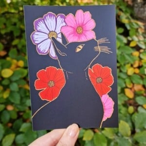 Floral Black Cat A6 Kaart, Bloemen Zwarte Kat Illustratie