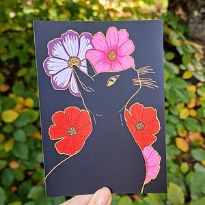 Floral Black Cat A6 Kaart, Bloemen Zwarte Kat Illustratie