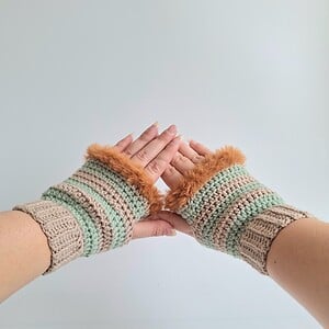 Gehaakte handschoenen - gehaakte vingerloze handschoenen | Beige, sagegroen en karamelbruin