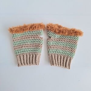 Gehaakte handschoenen - gehaakte vingerloze handschoenen | Beige, sagegroen en karamelbruin