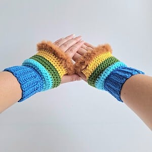 Gehaakte handschoenen - gehaakte vingerloze handschoenen | Blauw, turquoise, groen, geel en bruin
