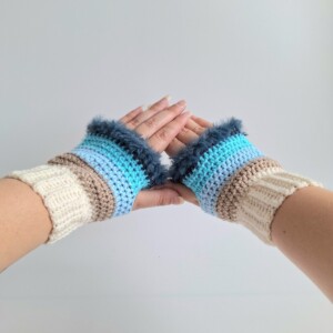 Gehaakte handschoenen - gehaakte vingerloze handschoenen | Crème, beige, lichtblauw, turquoise en denimblauw