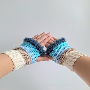 Gehaakte handschoenen - gehaakte vingerloze handschoenen | Crème, beige, lichtblauw, turquoise en denimblauw
