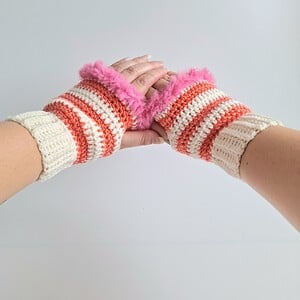 Gehaakte handschoenen - gehaakte vingerloze handschoenen | Crème, koraaloranje en Barbie roze