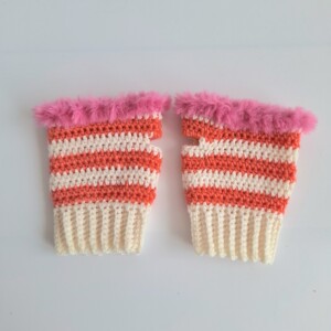 Gehaakte handschoenen - gehaakte vingerloze handschoenen | Crème, koraaloranje en Barbie roze