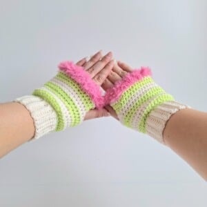 Gehaakte handschoenen - gehaakte vingerloze handschoenen | Crème, limoengroen en Barbie roze