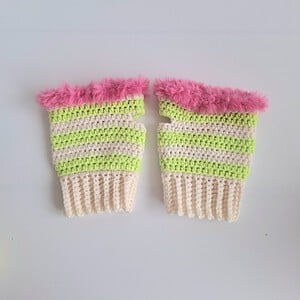 Gehaakte handschoenen - gehaakte vingerloze handschoenen | Crème, limoengroen en Barbie roze