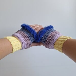 Gehaakte handschoenen - gehaakte vingerloze handschoenen | Geel, lila, taupe, denimblauw en kobaltblauw