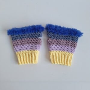 Gehaakte handschoenen - gehaakte vingerloze handschoenen | Geel, lila, taupe, denimblauw en kobaltblauw