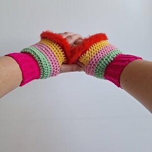 Gehaakte handschoenen - gehaakte vingerloze handschoenen | Knalroze, mintgroen, lichtroze, geel en rood