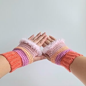 Gehaakte handschoenen - gehaakte vingerloze handschoenen | Koraaloranje, lavendel, perzik en poederroze