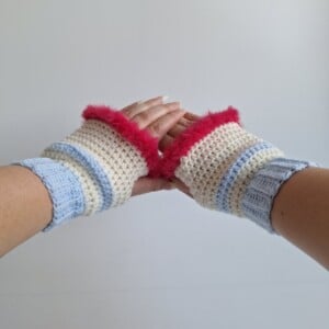 Gehaakte handschoenen - gehaakte vingerloze handschoenen | Lichtblauw, crème en knalroze