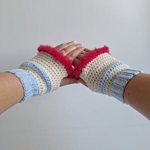 Gehaakte handschoenen - gehaakte vingerloze handschoenen | Lichtblauw, crème en knalroze