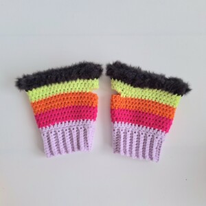 Gehaakte handschoenen - gehaakte vingerloze handschoenen | Lila, knalroze, oranje, limoengroen en zwart