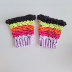 Gehaakte handschoenen - gehaakte vingerloze handschoenen | Lila, knalroze, oranje, limoengroen en zwart