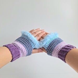 Gehaakte handschoenen - gehaakte vingerloze handschoenen | Paars, lila, denimblauw en lichtblauw