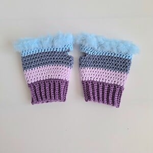 Gehaakte handschoenen - gehaakte vingerloze handschoenen | Paars, lila, denimblauw en lichtblauw