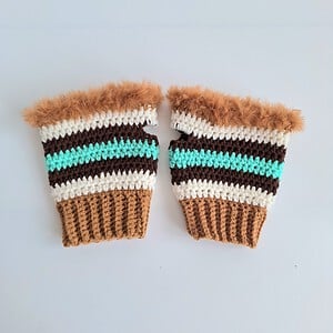 Gehaakte handschoenen - gehaakte vingerloze handschoenen | karamelbruin, crème, turquoise en donkerbruin