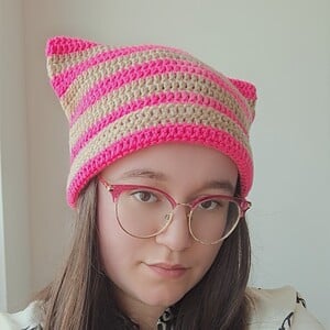 Gehaakte muts | Neon roze en beige