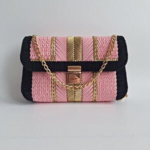 Geweven crossbody tas | Lichtroze, zwart en goud