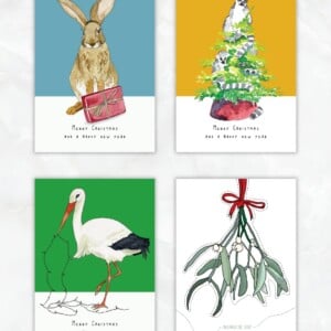 Kerstkaart Maki's geel – fineliner / aquarel