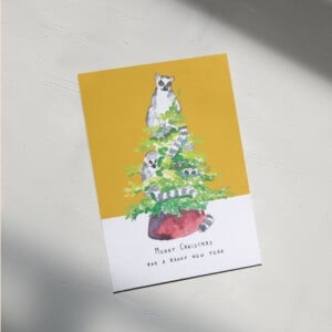 Kerstkaart Maki's geel – fineliner / aquarel