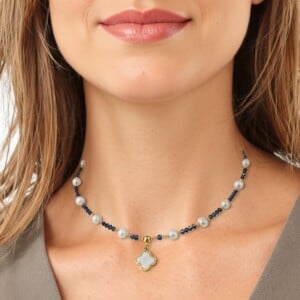 Pearl Beaded Necklace with Four-Leaf Clover Pendant