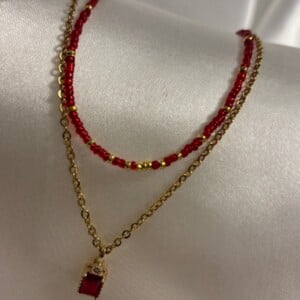 Rood-Gouden Layering Ketting | Set met Vierkante Hanger