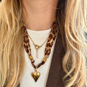 Stof ketting van panterprint met RVS bedel