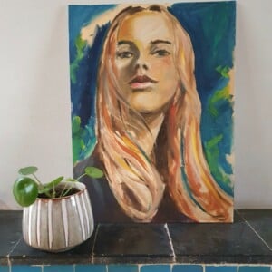 "new York"Origineel olieverf schilderij – vrouwenportretA3 Olieverf Schilderij – Portret van een Krachtige Vrouw | New York Boho Kunst op Canvasboard