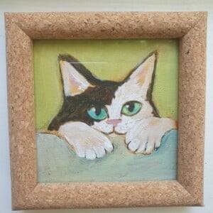 Katje Kiekeboe – Klein Origineel Schilderij | Zwart-Witte Kat | 10x10 cm Canvasboard | Inclusief Lijst | Schattige Kattenkunst voor de Kattenvriend