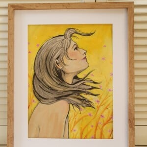 Kunstprint A3 – Dromerig Portret van een Vrouw | Mixed Media Schilderij in Geel & Oranje modern, figuratief. Mens, naakt