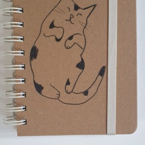 dagboek met kat op zijn rug,  gelinieerd, met originele kattentekening (geen print), opschrijfboekje