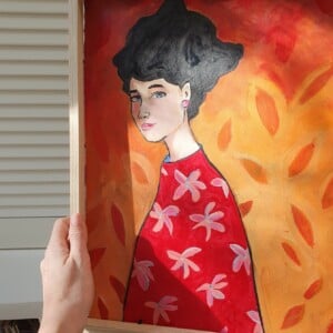 fire girl A3 Kunstprint – Vurig Vrouwenportret in Rode Tinten | Acryl Schilderij met Bloemenmotief