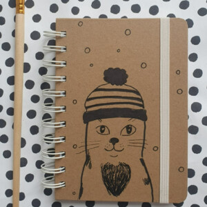 handgemaakt dagboek notitieboekje, kat met muts, met originele kattentekening (geen print)
