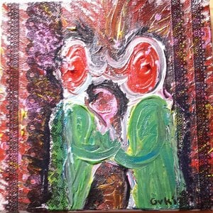 Kunst print, Eco materiaal, Handgemaakt, Uniek stuk! = Love (poster, groen-rood-fuchsia, 60x60)