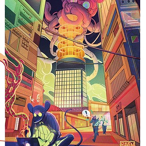 Kunstprint genaamd Quantum Heist, Illustratie wanddecoratie op mat fine-art papier