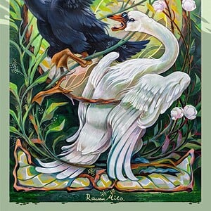Kunstprint genaamd Zwanen, Illustratie wanddecoratie op mat fine-art papier